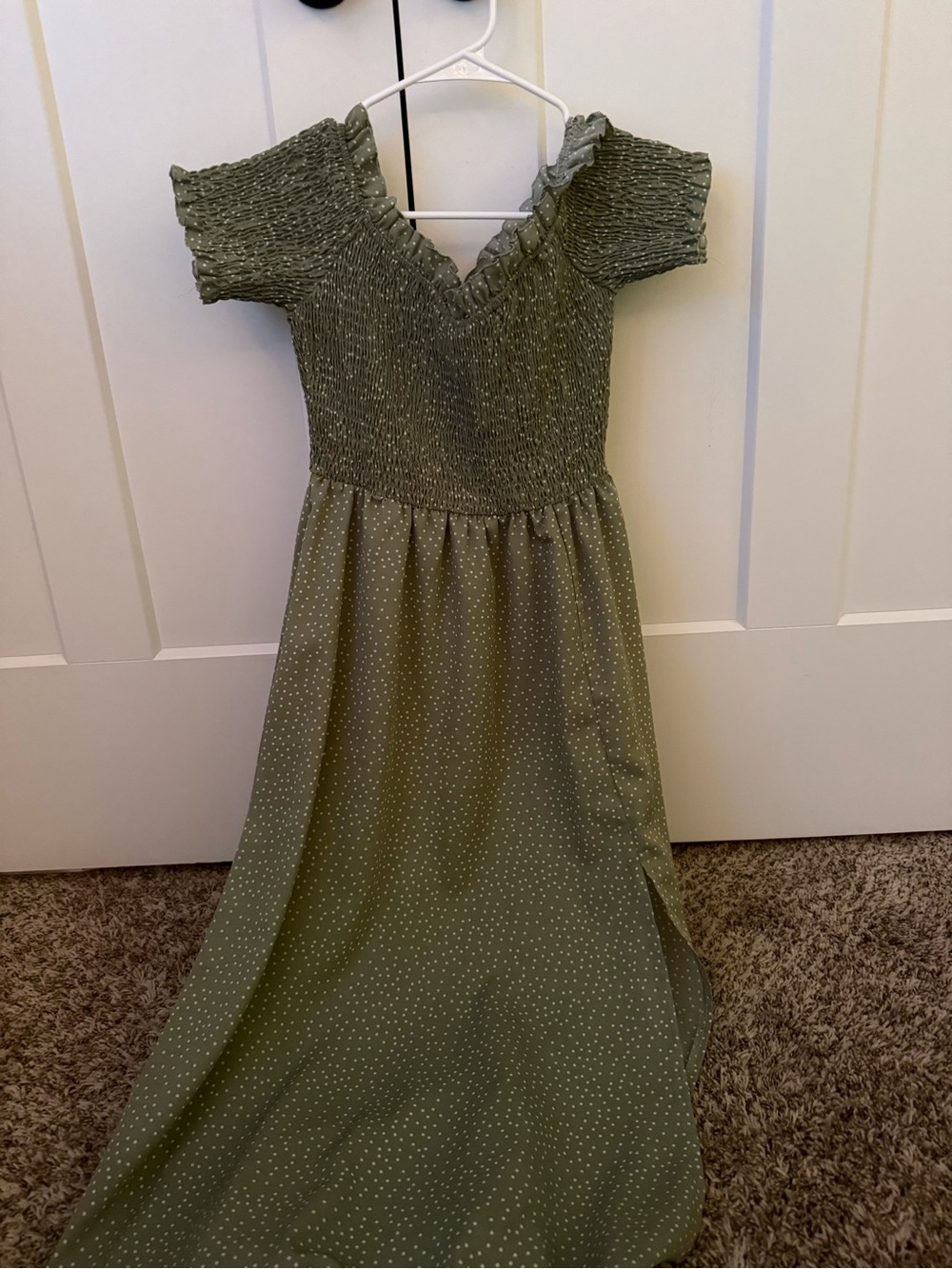 olive green smocked midi dress w/ polka dots
